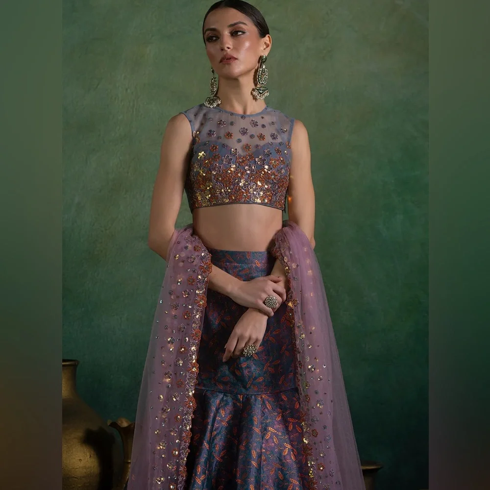 Embellished Purple and Gold Lehenga - Picture 2 of 6